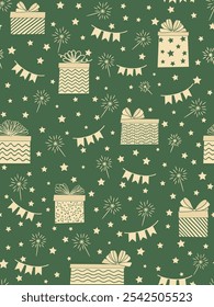 Padrão verde sem emenda com símbolos de Natal dourados. Árvore de Natal, presente, estrelas, confete de tinsel dourado em um fundo verde. Padrão vetorial feito à mão.
