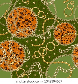 Green seamless pattern with golden chain on spotted animal skin background for fabric. Trendy repeating leopard print.