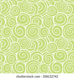 Green seamless pattern with hand drawn white swirls