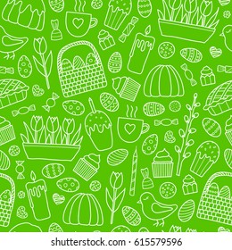 Green seamless pattern with hand drawn outline easter items.