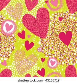 Green seamless pattern with hearts