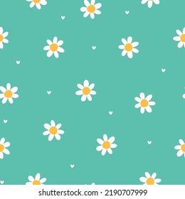 Green seamless pattern with hearts and daisies