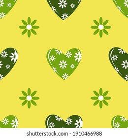 Green seamless pattern of hearts and flowers for festive romantic wrapping paper, fabric, textile, bed linen, covers. Vector illustration. 