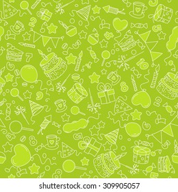 Green seamless pattern with the image of parts for birthday