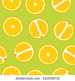 Green seamless pattern with juicy orange slices. Vector