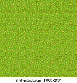 Green seamless pattern with kiwi slices.Vector flat illustration.Summer fruit background with healthy food.For fabric,textile,wrapping,wallpaper and other designs.