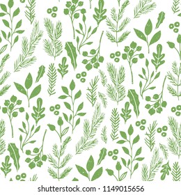 Green seamless pattern with leaves, herbs and branches.