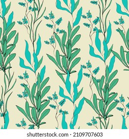 Green seamless pattern, leaves on a beige background. Vector print for fabric, paper and wallpaper.