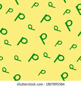 Green seamless pattern with the letter p on a yellow background. Minimalistic freehand drawing style. Background for fabric, wallpaper, bed linen. Vector illustration.