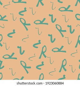 Green seamless pattern with the letter R on a beige backdrop. Minimalist style. Hand drawn Background for fabric, wallpaper, bed linen. Vector illustration.