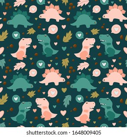 Green seamless pattern with lovers dinosaurs. Cute animals. Perfect for kids fabric, textile, nursery wallpaper, wrapping paper, print. Cute dino design. Vector flat illustration. Kids pattern.