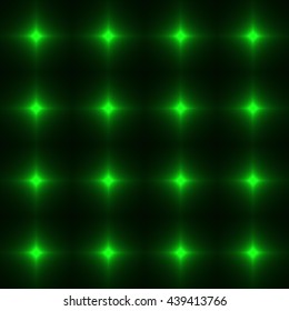 Green seamless pattern made from shinning cross. Dark seamless background with Green glowing points. Red wall of floor made from tiles. Green laser safety grid or net.