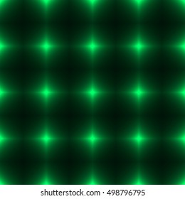 Green seamless pattern made from shinning cross. Dark seamless background with green glowing points. Green wall of floor made from tiles. Green laser safety grid or net.