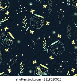 Green seamless pattern with magic bottles. Repetitive background with butterflies, herbs,  stars, bottles and constellations.