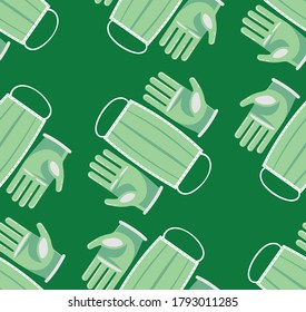 Green seamless pattern of masks and gloves. Mandatory attributes during the coronavirus pandemic.