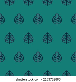 Green seamless pattern with navy monstera leaves.