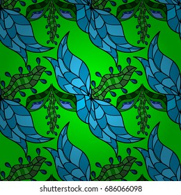 Green seamless pattern on colorful background with green floral elements. Green color seamless illustration. Vector geometric background. For your design, wallpaper.