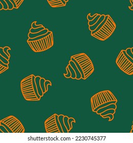 Green seamless pattern with orange outline muffin