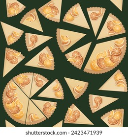 Green Seamless pattern with orange tart pie, tangerine, lemon. Baking, bakery shop, cooking, sweet products, dessert, pastry concept. Perfect for product design, scrapbooking, textile, wrapping paper