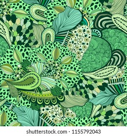 Green seamless pattern in oriental style. Ethnic hand drawn print in green shadows and colors. Vector illustration. Can be used in design of clothes, fabrics, textiles, books, packaging, print-fills.
