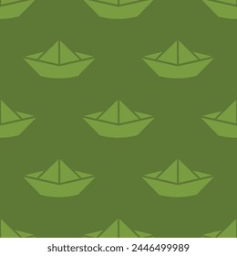 Green seamless pattern with green origami boat