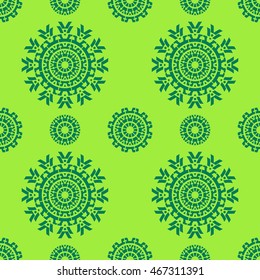 Green seamless pattern with ornamental round design elements