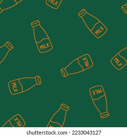 Green seamless pattern with outline orange milk bottle