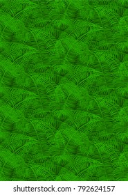 Green seamless pattern with palm leaves on dark background.
