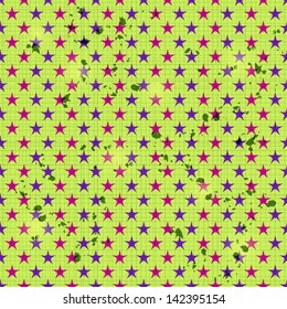 Green Seamless Pattern with Pink and Blue Star Elements. Vector Background