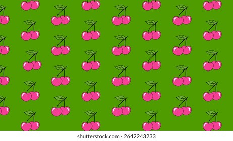 Green seamless pattern with pink cherry. Background red cherries and green leaves. Vector design sweet berries as wallpaper
