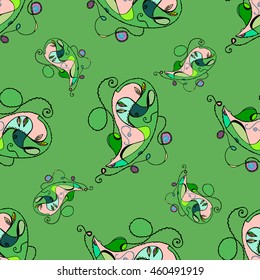 Green seamless pattern with pink cucumbers ornaments. Paisley pattern. Vector eps 10, hand drawn graphics. For prints, fabric, design, wrapping paper. 