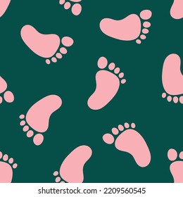 Green seamless pattern with pink  footprints.