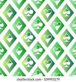 Green seamless pattern. Playing card symbols.