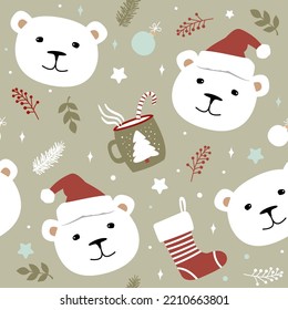 Green seamless pattern of polar bears and Christmas elements. Cute vector illustration for children.