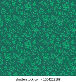 Green seamless pattern with presents, socks, christmas balls and sweets. Vector pattern for Christmas, New Year's Day, Winter Holidays. Background for gift wrapping paper, textille