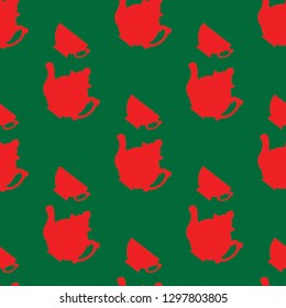 Green seamless pattern with red silhouettes of a teapot and cups for tea