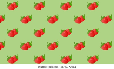 Padrão verde sem emenda com morango vermelho. Cerejas e folhas verdes. Projeto vetorial bagas doces como papel de parede