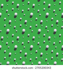 Grünes, nahtloses Muster mit gestreuten 3D-weißen Kugeln und realistischen Schatten