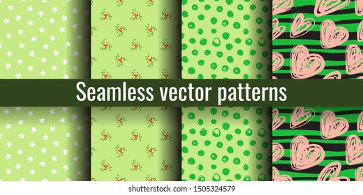 Green seamless pattern set. Star, mountain ash, spot, heart, strip, viburnum. Fashion print. Design elements for textile or clothes. Hand drawn doodle cute wallpaper