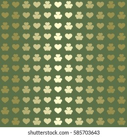 Green seamless pattern shamrock leaves and hearts. 