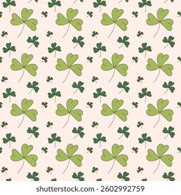 Green seamless pattern with shamrocks. St. Patrick's day symbol of luck. Eco friendly decorations. Flat vector illustration for prints.