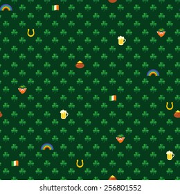 Green seamless pattern with shamrocks and symbols of St. Patrick's day
