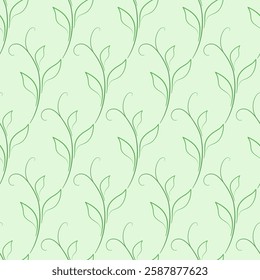Green seamless pattern of silhouettes leaves. Soft green colors. Delicate spring vintage background. Young fresh shoots with leaves.