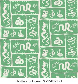 Green seamless pattern with snakes and leaves in rectangular segments. Animalistic vector continuous ornament.