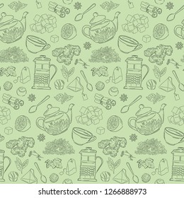 green seamless pattern with tea, herbs and spices