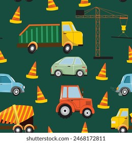 Green seamless pattern with trucks, tractors, cars, cranes, and construction cones for textile, wallpaper, children apparel.