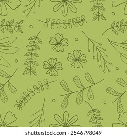 Green seamless pattern twigs,leaves and flowers hand drawing .Vector illustration