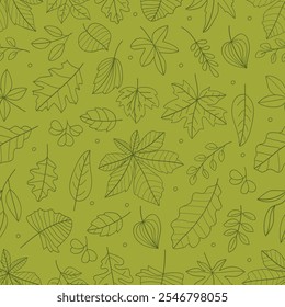 Green seamless pattern twigs,leaves and flowers hand drawing .Vector illustration