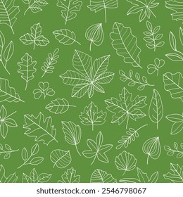 Green seamless pattern twigs,leaves and flowers hand drawing .Vector illustration