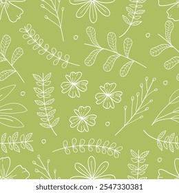 Green seamless pattern twigs,leaves and flowers hand drawing .Vector illustration